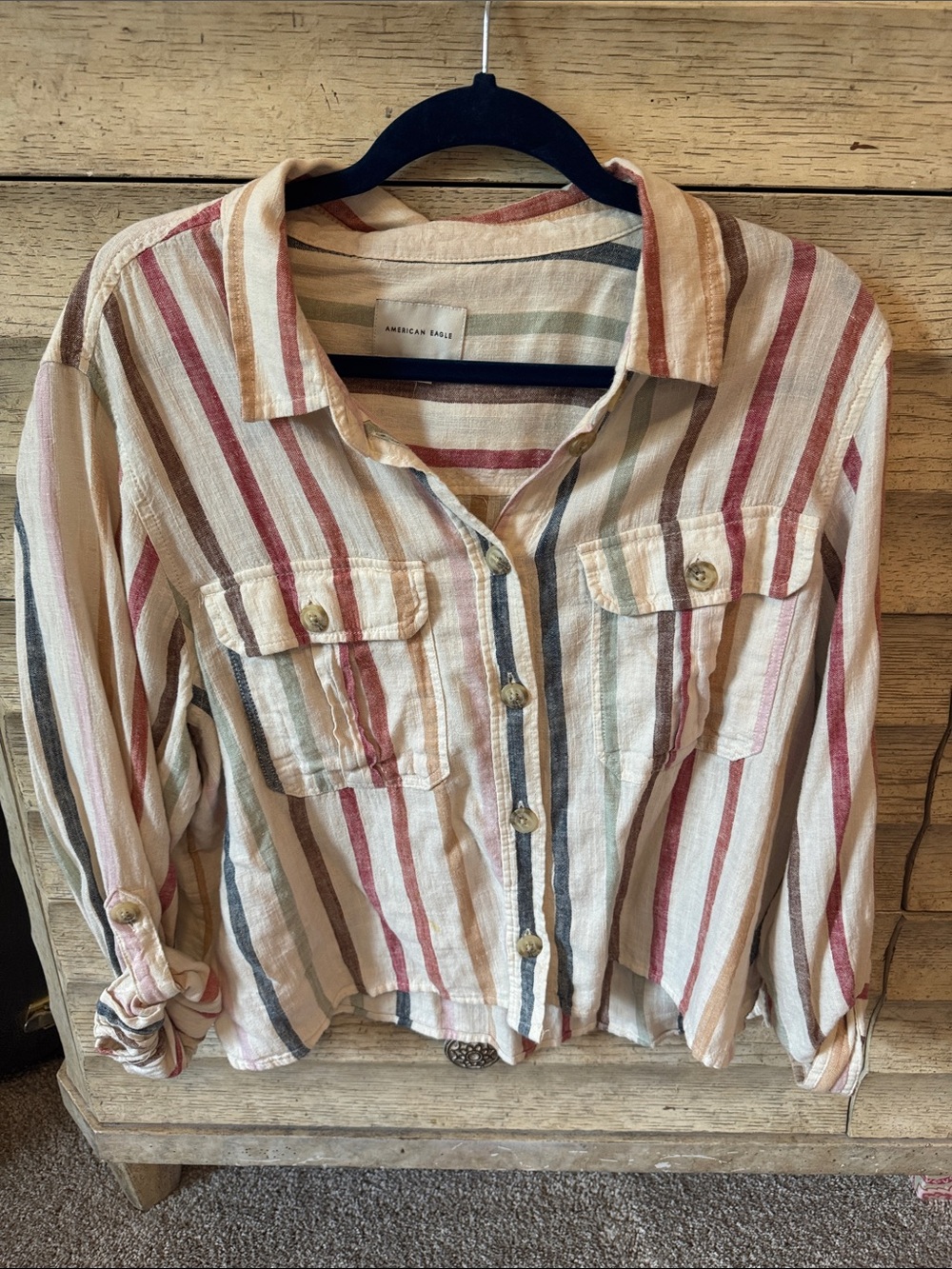 American Eagle Striped Button-Up Shirt - Cream with Red & Blue Stripes. Cropped